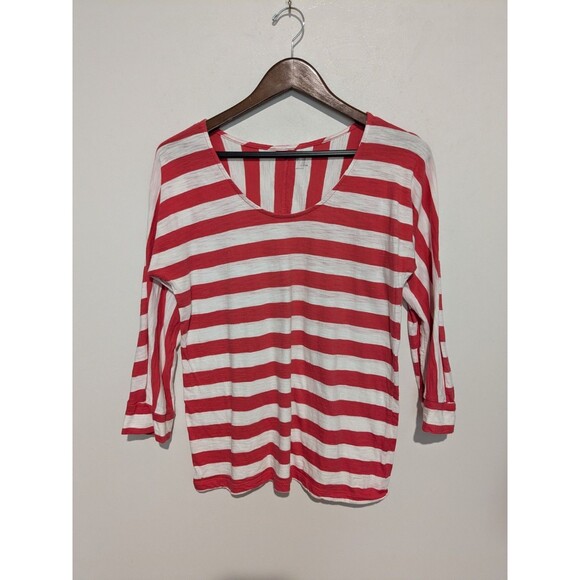 Gap Womens Bold Pink White Stripe Cotton Knit Top M Scoop Neck 3/4 Sleeve - Picture 1 of 5